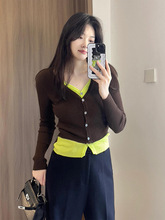 欣旺【官图 高质量针织】假两件长袖针织衫女装秋季新款撞色V领上