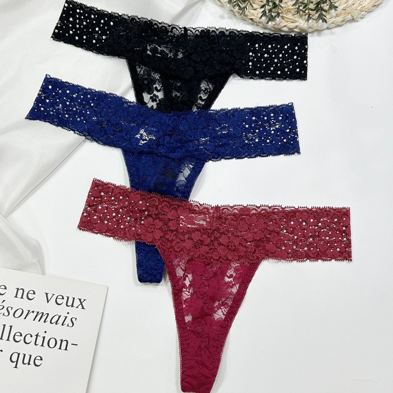 Temu ヨーロッパとアメリカのクロスボーダーフレンチロマンチックなレース刺繍 Tバック中空シースルーデザイン高級女性下着|undefined