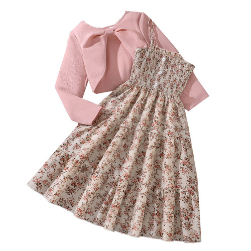 Big boy women's suit Foreign trade children's wear spring new cross-border INS sweet floral suspender dress long-sleeved outer