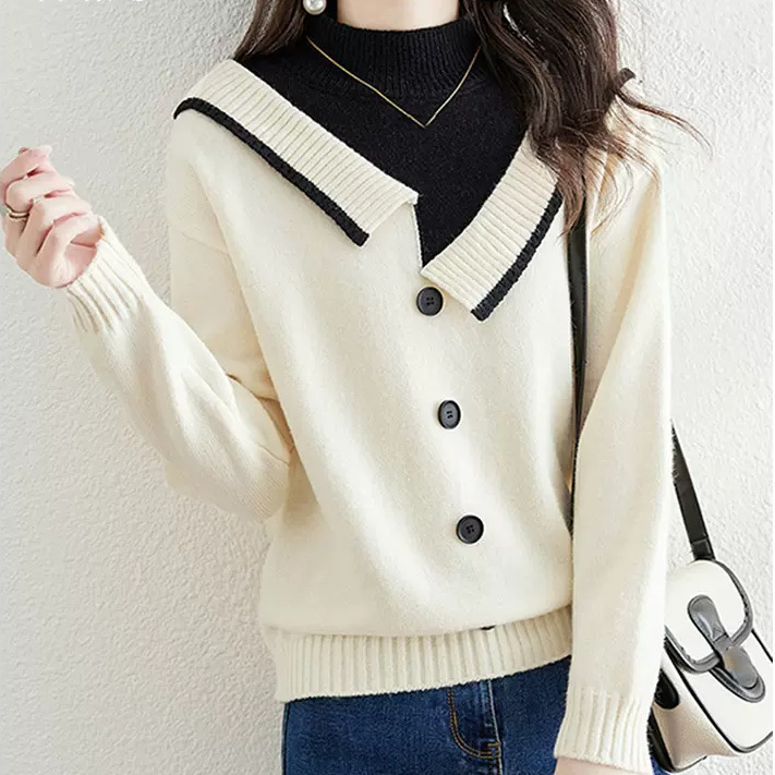 Chic and Stylish Fake Two-Piece Contrasting Button Knitted Bottoming Shirt Autumn and Winter Half Turtleneck Pullover Loose Inner Sweater for Women Chic and Stylish Fake Two-Piece Contrasting Button Knitted Bottoming Shirt Autumn and Winter Half Turtleneck Pullover Loose Inner Sweater for Women