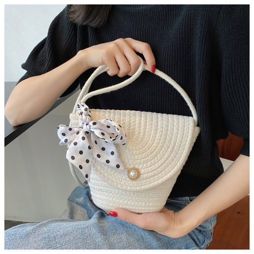 Summer new ins Internet celebrity woven silk scarf pearl bag women's bucket bag beach vacation single shoulder crossbody bag