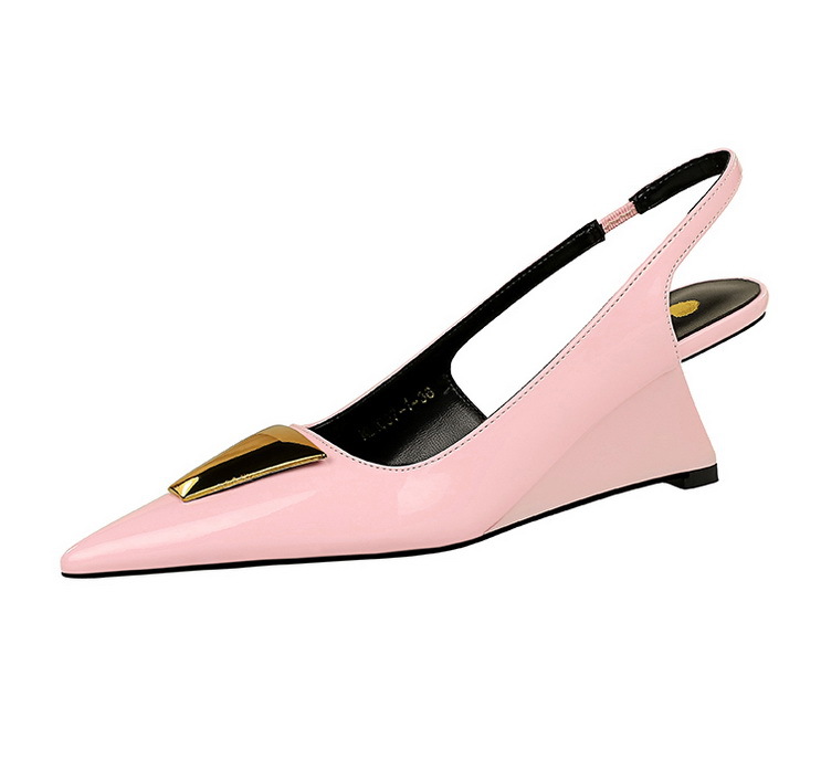 Women's Shoes high heels wedge heels patent leather hollow back strap shallow mouth pointed metal decoration single shoes_voghion.com