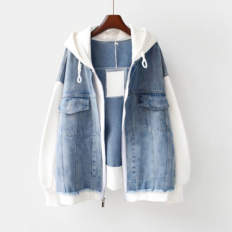 Plus Size 150kg Faux Two-Piece Denim Jacket for Women, Slimming for Chubby Girls, Spring and Autumn Shirt, Hooded Baseball Jacket Top, Ins Style