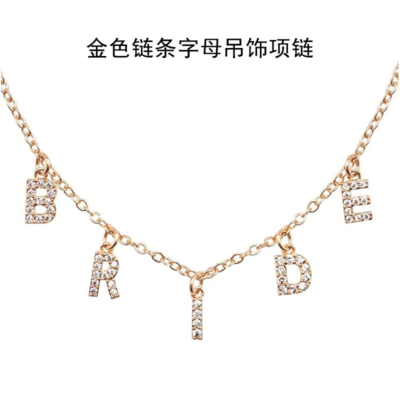 Fashionable trend golden necklace with zircon with letters for bride