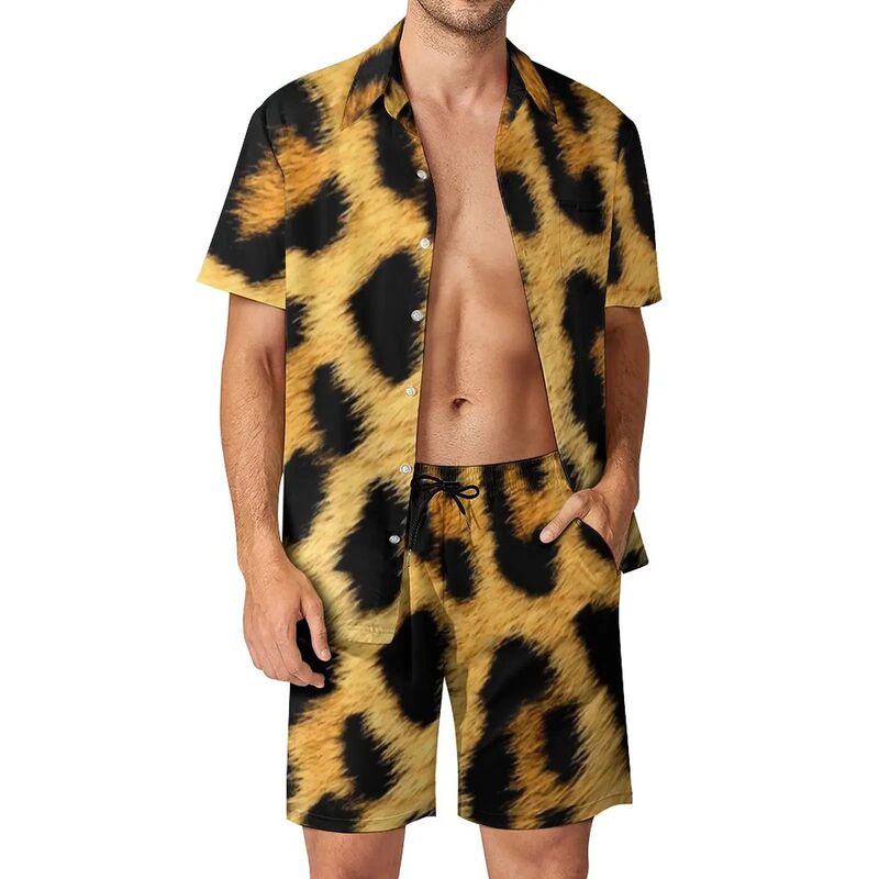 Cross-Border Summer Leopard Print Men's 3D Printed Shirt Casual New Beach Shorts Handsome Hawaiian Shirt Suit