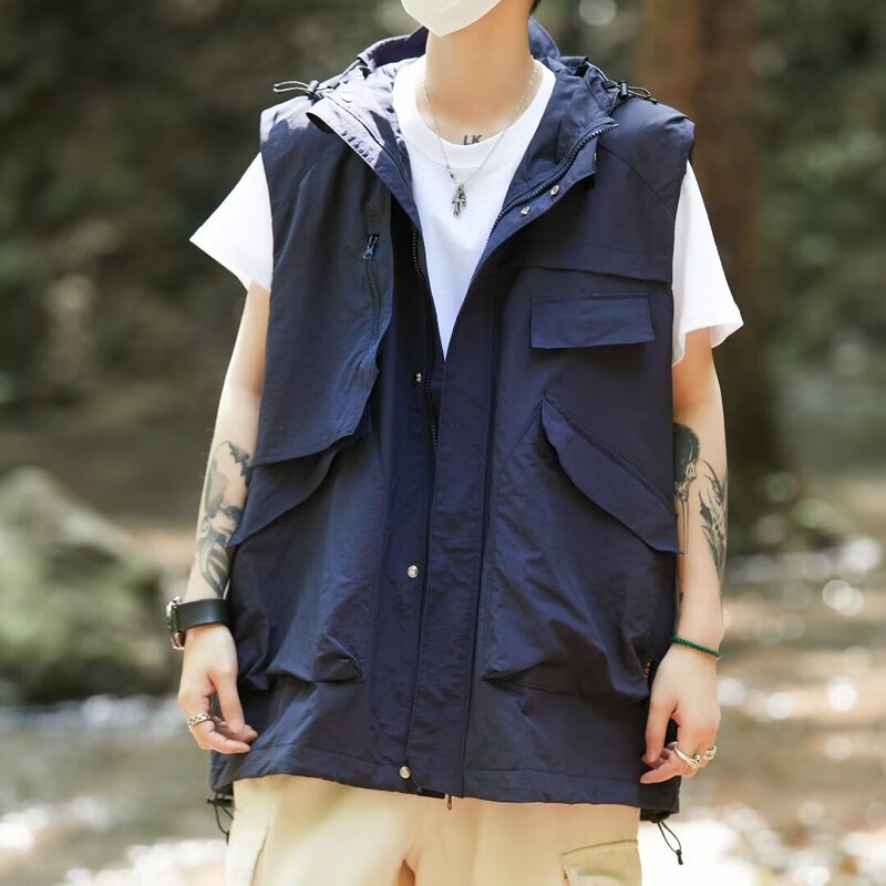 New Four Seasons Work Coat Street Fashion Brand Functional Pocket Hooded Sleeveless Vest Top Clothes Jacket for Men