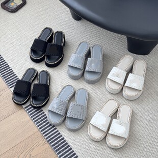 High-End Version ~ 2025 New Style Small Fragrant Thick-Soled Wedge-Heeled Woven Slippers for Women Summer Chain Beach Slippers
