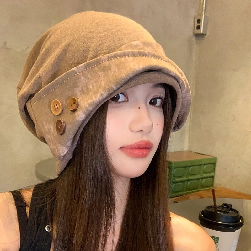 新款小众艺术堆堆帽暗黑废土风扎染包头帽女显脸小冷淡风纽扣帽子|undefined