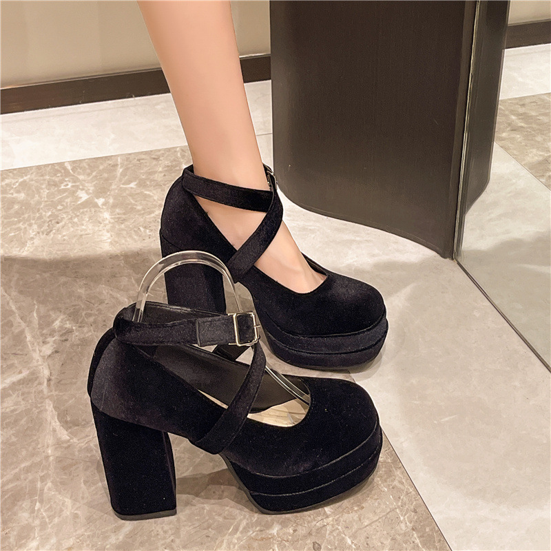 Suede Mary Jane Shoes 2025 Spring New Thick Heel French Cross Strap Waterproof Platform High Heels Fashionable and Cute