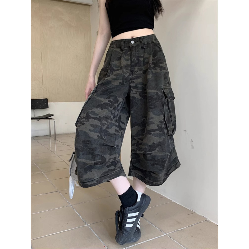 American Retro Camouflage Cargo Pants for Women, Spring Petite High-Waisted Wide-Leg Loose Denim Cropped Pants