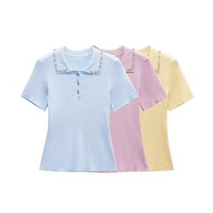 亚马逊批发秋季新款女装百搭纯色短袖珠宝Polo领短袖上衣6050005