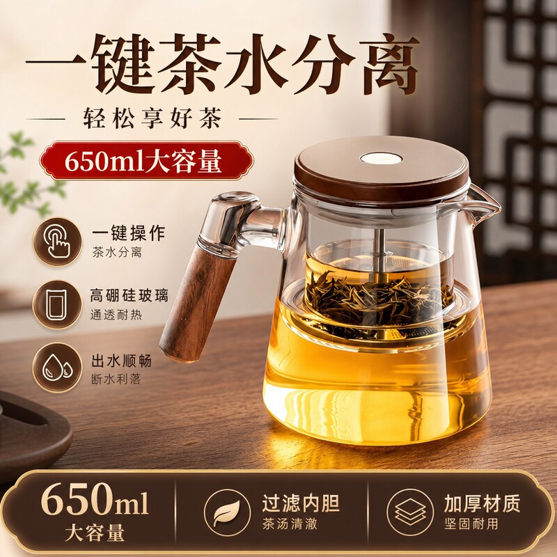 Custom high borosilicate glass tea infuser with one-touch tea filter, wooden handle, detachable teapot, kung fu tea set wholesale Custom high borosilicate glass tea infuser with one-touch tea filter, wooden handle, detachable teapot, kung fu tea set wholesale