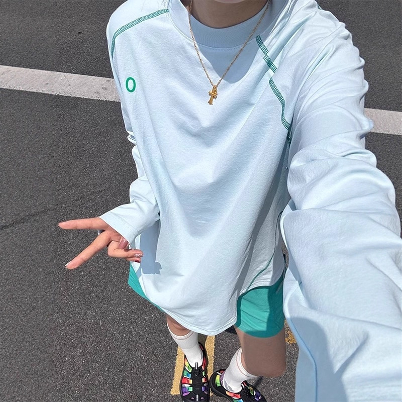 冰蓝色速干防晒长袖t恤男女夏季薄款撞色插肩袖户外运动骑行上衣|undefined