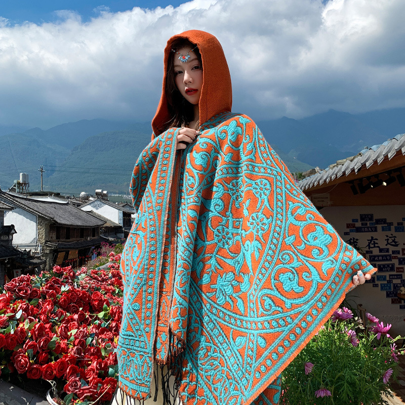 エスニックスタイルの旅行服、写真撮影用ショール、模造カシミアスカーフ、秋冬の厚く暖かいスリットスカーフ、フード付きマント|undefined