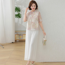 25妈妈夏装短袖洋气天丝上衣中年妇女套头T恤小衫裤子两件套装女