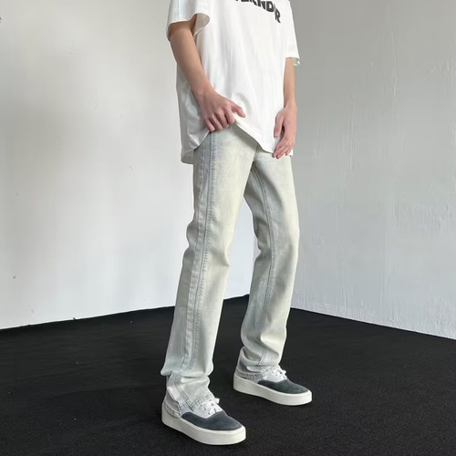 Men's American Retro Vibe Jeans High Street Fashion Brand, Washed, Distressed, Yellow Clay Dye, Flared Pants, 2024