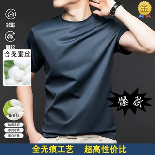 桑蚕丝男士t恤夏季新款男装圆领无痕免烫短袖男纯色休闲薄款t恤男