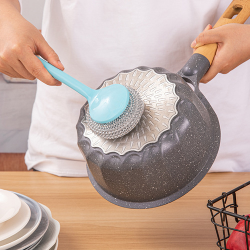 Non-damage pot cleaning ball, removable PET ball, household long handle cleaning brush, plastic steel dishwashing pot utensil wire ball, short handle