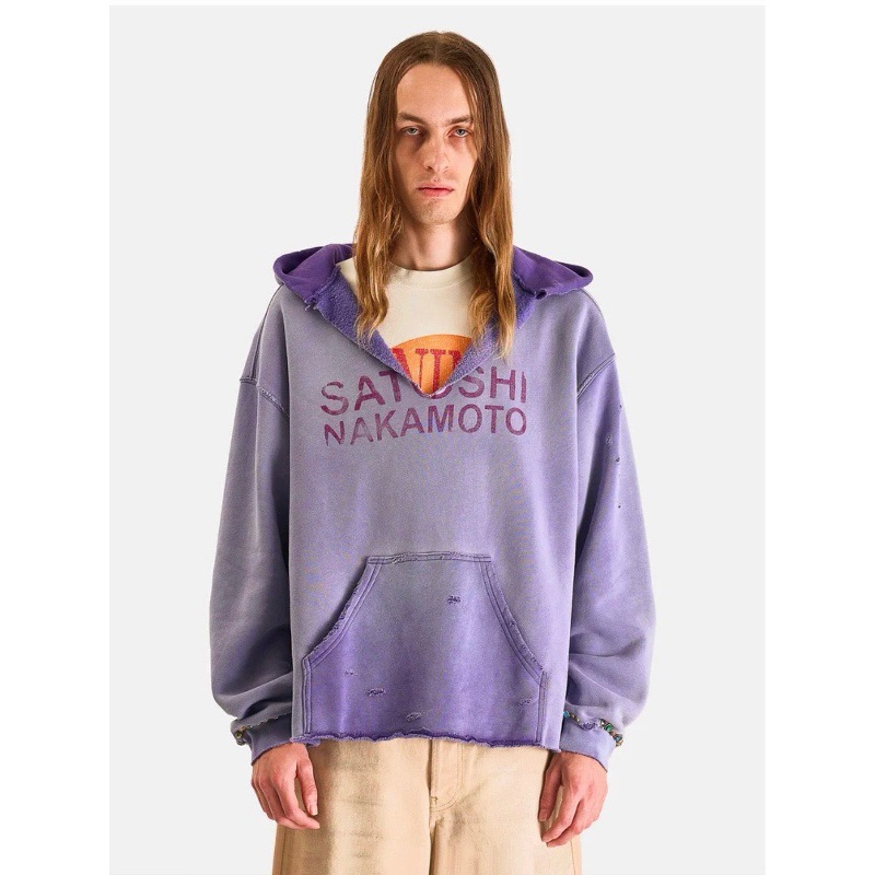 Satoshi Nakamoto washed distressed pullover hoodie with letter print, vintage style, and rolled hem