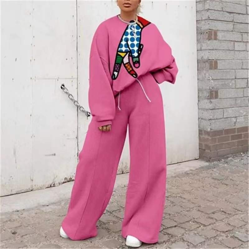 Conjunto de Sudadera Informal con Cuello Redondo y Estampado Holgado para Mujer, Estilo Europeo y Americano, Novedad de Comercio Exterior Transfronterizo para Otoño 2025
