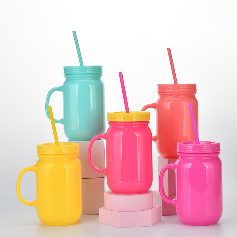 Européen Et Américain Solide Couleur En Plastique Coctail Verre Avec Poignée En Gros Double Couche En Plastique Mason Bouteille Par Jour Tumbler Avec De La Paille display picture 7