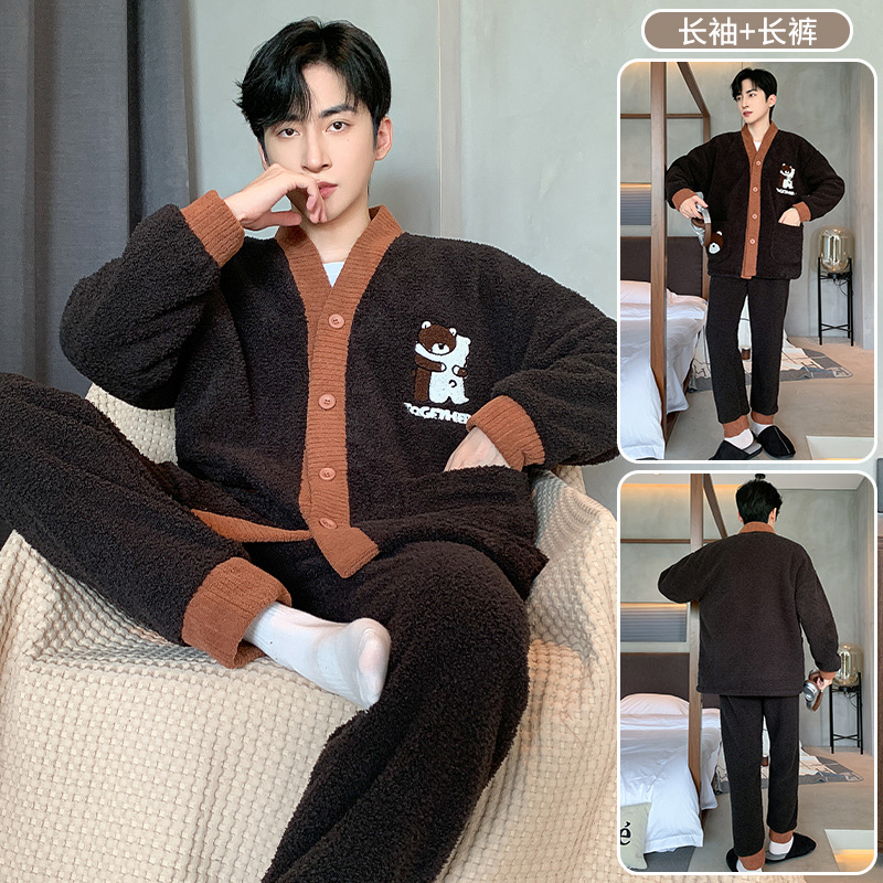 산호 양털 남성 잠옷 가을 | 겨울 카디건 긴 소매와 지방을 따뜻하게 유지하는 200KG 청소년 가정 의류 세트