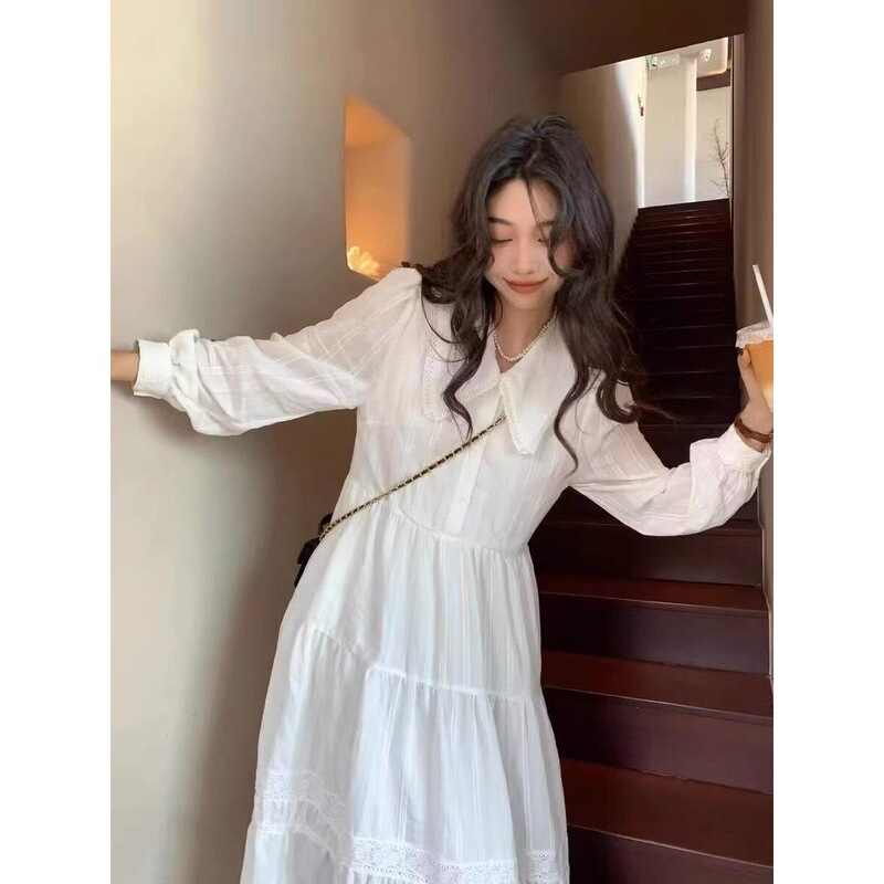 French Style Gentle Style White Doll Collar Design Sense Mori Fairy Elegant Spring and Autumn Loose Slimming Long Sleeve dress