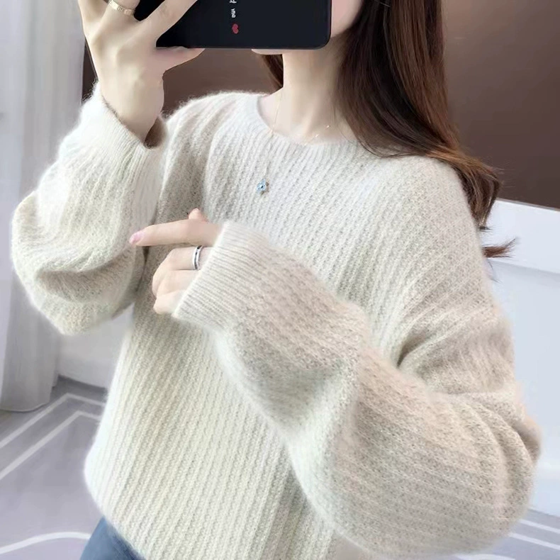 秋冬新款圆领套头毛衣女打底衫2025韩版宽松纯色针织衫长袖女外穿