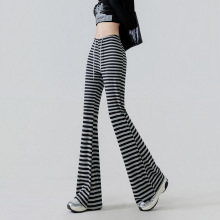 条纹人棉弹力凉爽针织居家慵懒修身条纹松紧微喇显瘦休闲裤
