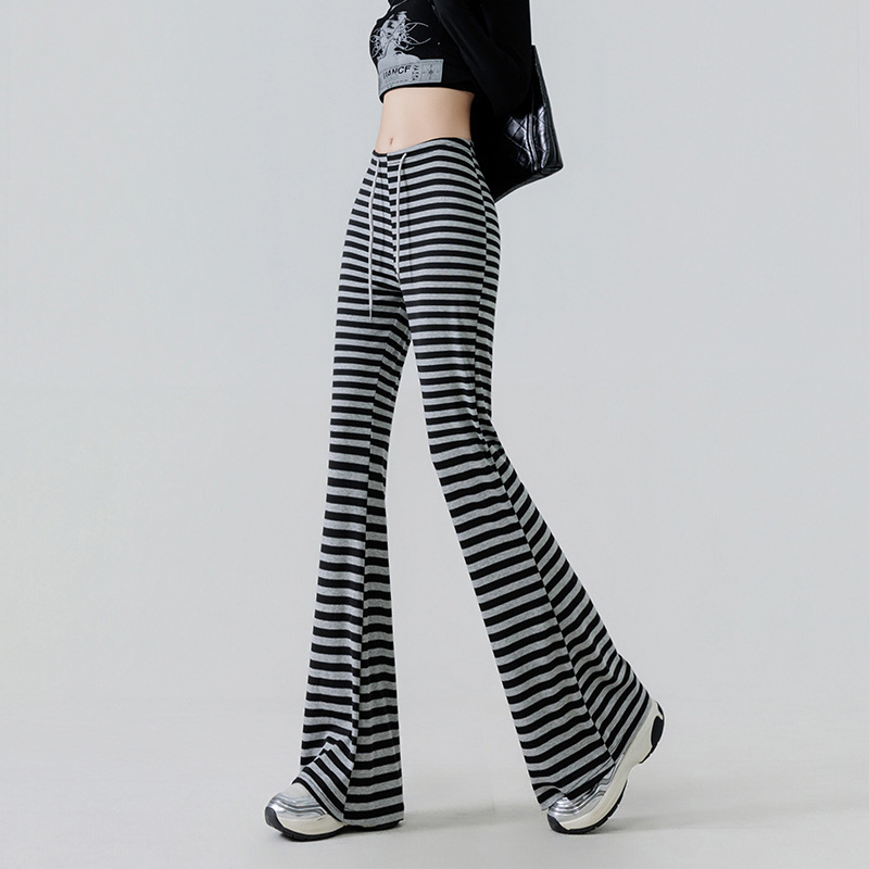 Striped Rayon Stretchy Lazy Style Knit Home Wear Slim Fit Drawstring Elastic Flared Slimming Casual Pants Striped Rayon Stretchy Lazy Style Knit Home Wear Slim Fit Drawstring Elastic Flared Slimming Casual Pants