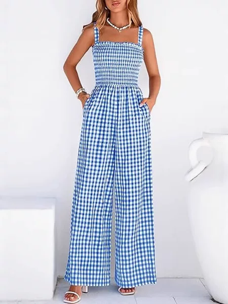 2026 European and American Cross-Border Women's Fashion Amazon Summer Vintage Style Plaid Strapless Ruched Wide-Leg Jumpsuit