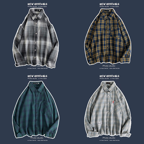 Spring and Autumn Shirt Men Korean Style Trendy Casual Loose Long-Sleeved Shirt Hong Kong Style Versatile Couple Retro Plaid Coat 