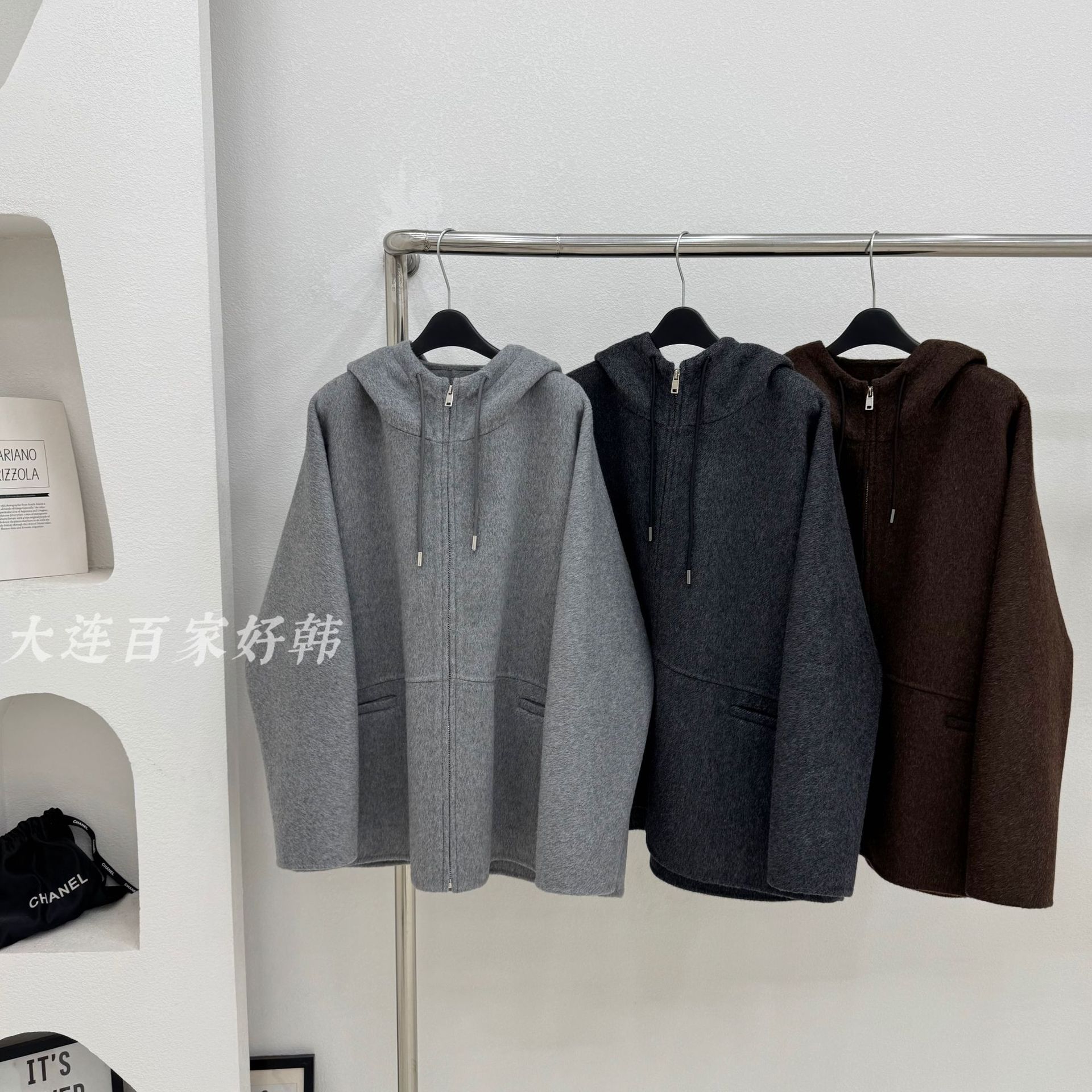 Lazy Loose Hooded Sweatshirt Zipper Short Double-Sided Wool Outwear Jacket Autumn and Winter Women's Long-Sleeved Gray Coffee Color