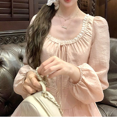 温柔风 蜜桃奶冻/粉色u领长袖收腰a字连衣裙女秋法式气质显瘦裙子