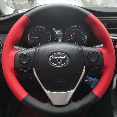 Steering wheel cover: Revo steering wheel - toyota-rav4-rongfang-10-black-leather-red-leather-without-holesred-stitchinggenuine-microfiber