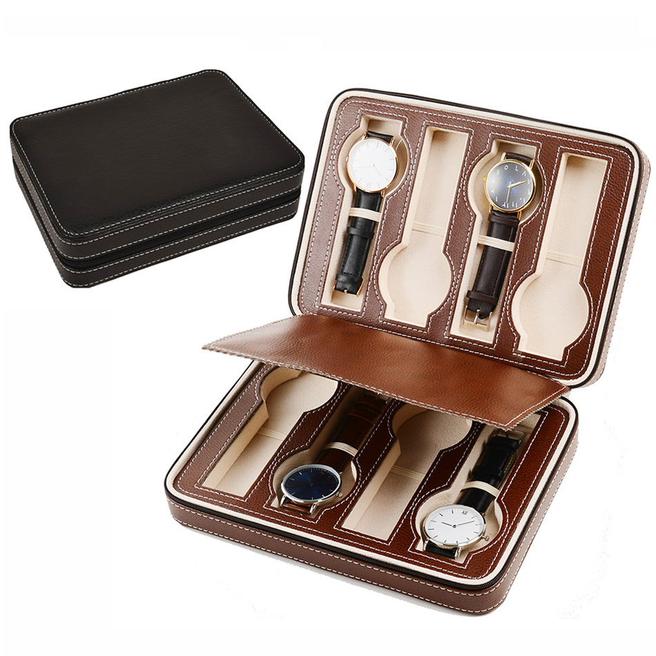 现货批发8位棕色黑色 便携式手表拉链包 手表收纳皮包 手表盒