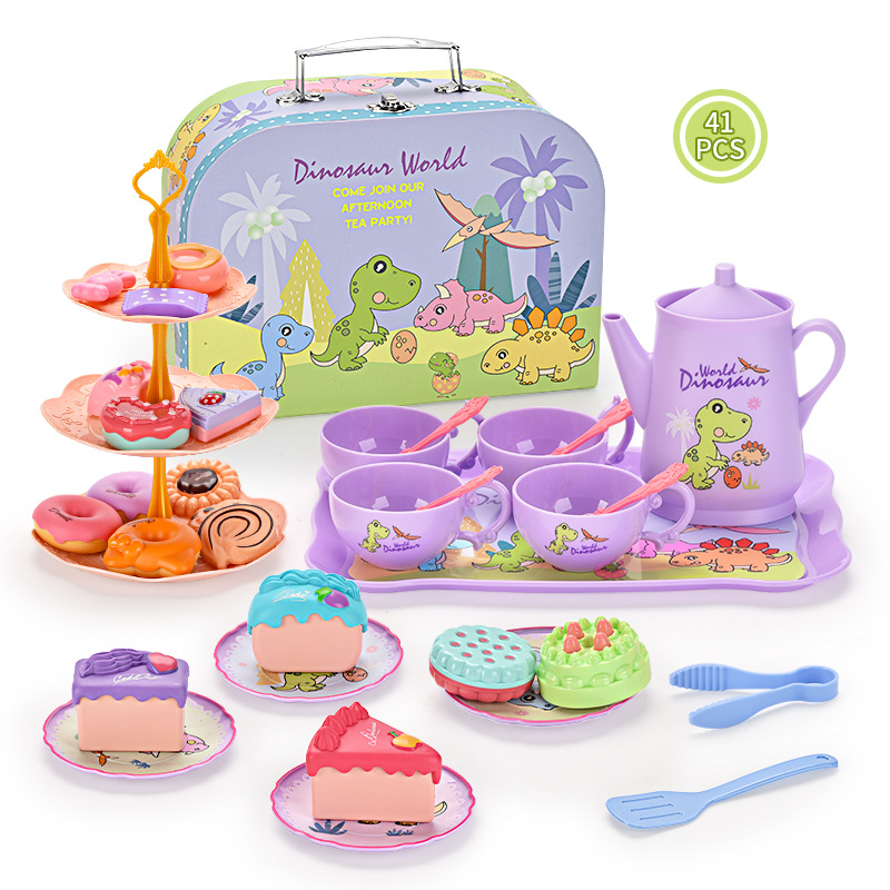 Transfronterizo juego casa simulación comida postre pastel café hojalata té tarde té niños dinosaurio regalo portátil