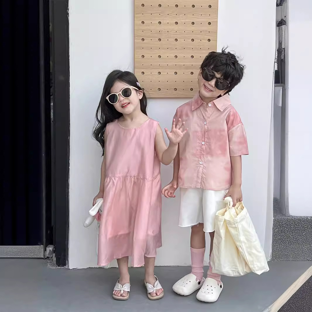 兄妹裝男女童夏氣質優雅粉色背心裙男童短袖襯衫短褲姐弟裝分開拍