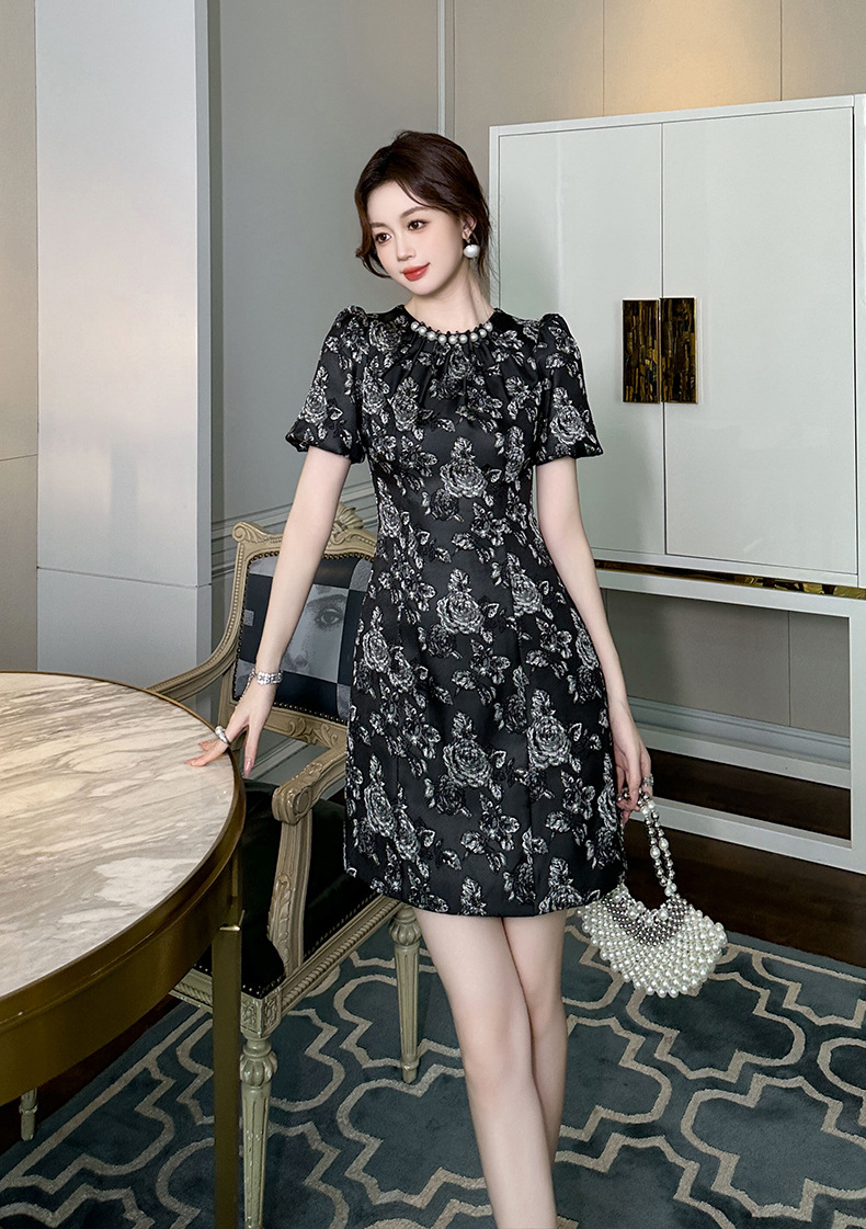 Đầm chữ A thắt eo họa tiết cổ điển phong cách Pháp — Màu đen chi tiết 6