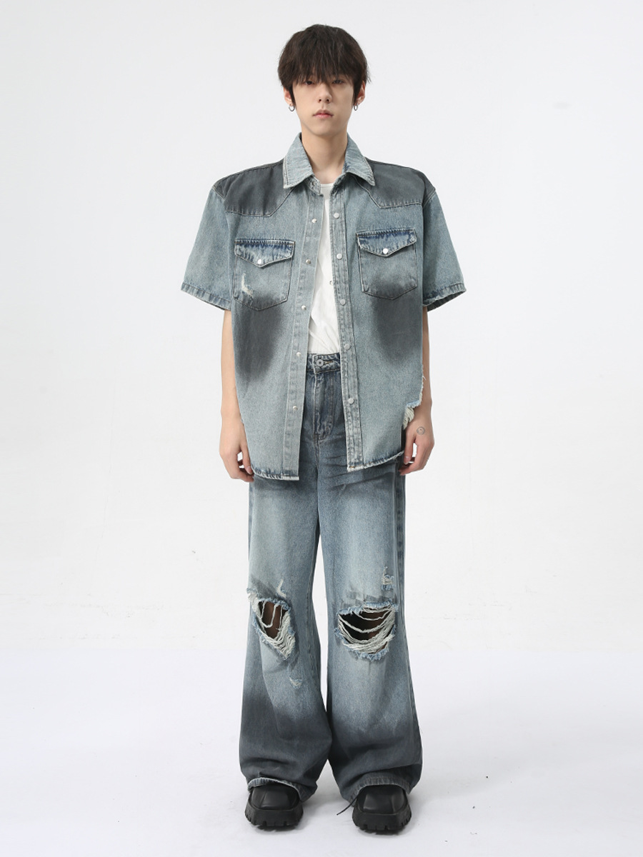 MTLCLOTHES Ropa de hombre | 2024 Verano Nuevo producto Traje de mezclilla rasguñado y sucio de moda americana Traje casual