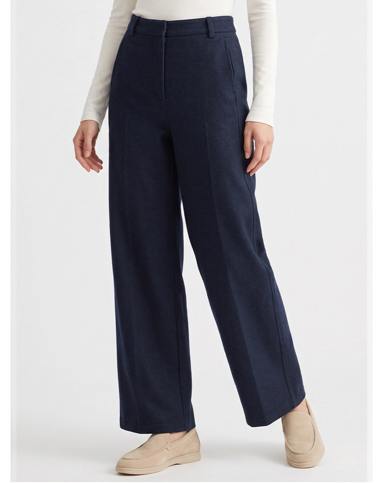Quần ống rộng lưng cao dáng suông chất len cashmere phối len cừu — Xanh navy chi tiết 8