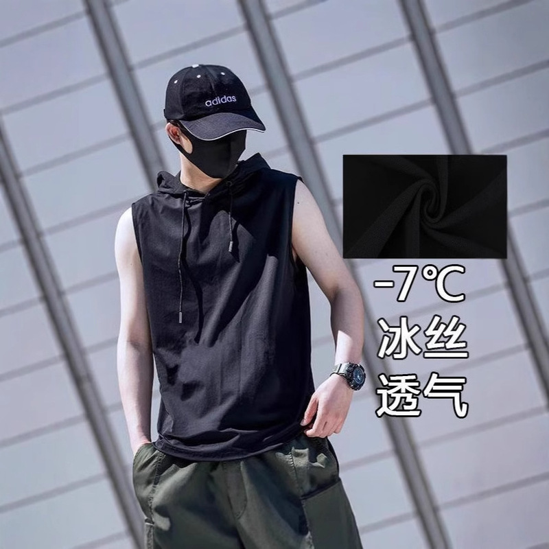 Hooded Vest Men's Summer New Hong Kong-style Street Solid Color Sleeveless T-shirt with Hood Thin Vest Distinctive Trendy Top Hooded Vest Men's Summer New Hong Kong-style Street Solid Color Sleeveless T-shirt with Hood Thin Vest Distinctive Trendy Top