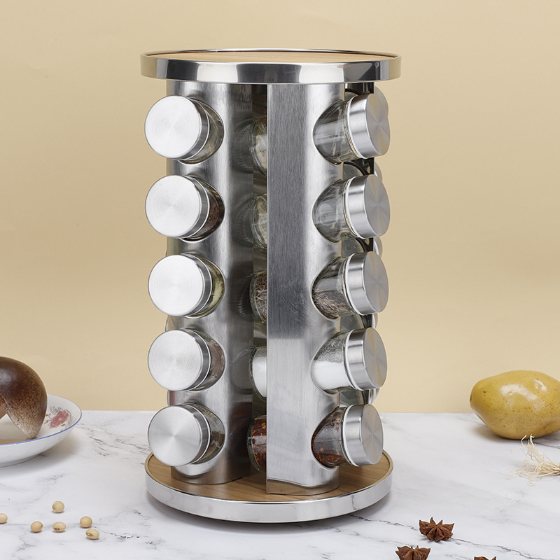 Venta al por mayor de acero inoxidable comercial condimento tarro cocina giratoria condimento botella estante 20 paquete comino pimienta condimento botella