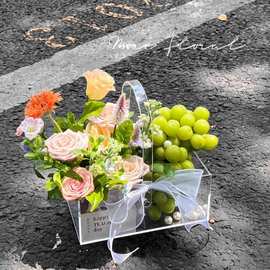 亚克力花盒全透明长方形手提圆形鲜花水果花束轻奢花艺插花空盒