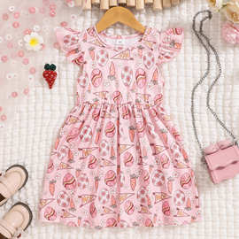 Younggirl女童春夏款粉色复活节主题多元素印花边无袖连衣裙中长