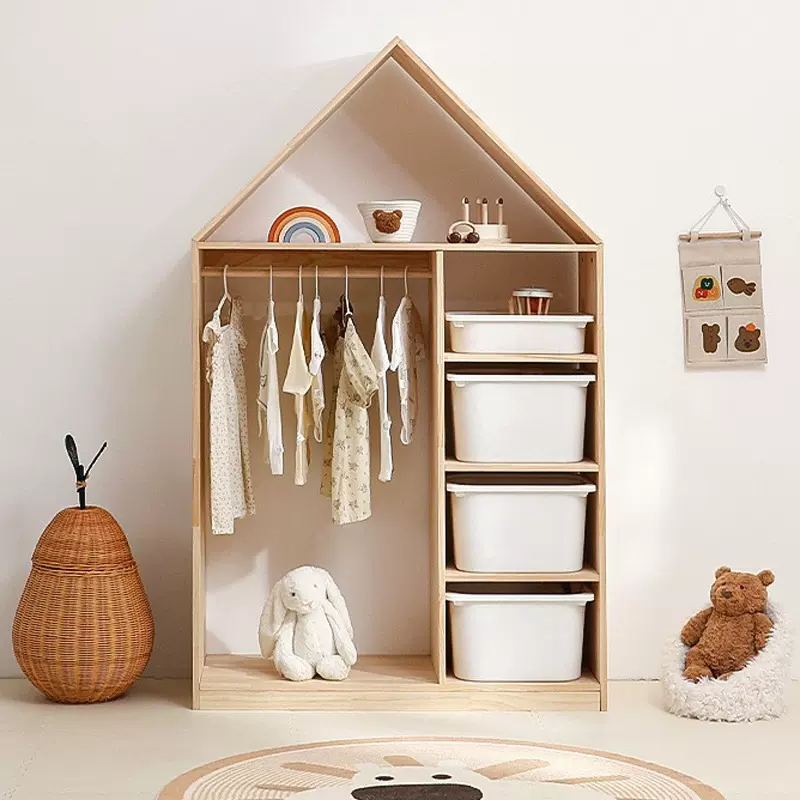 新款儿童衣柜跨境卧室家用实木宝宝置物柜收纳架二合一简易储物柜
