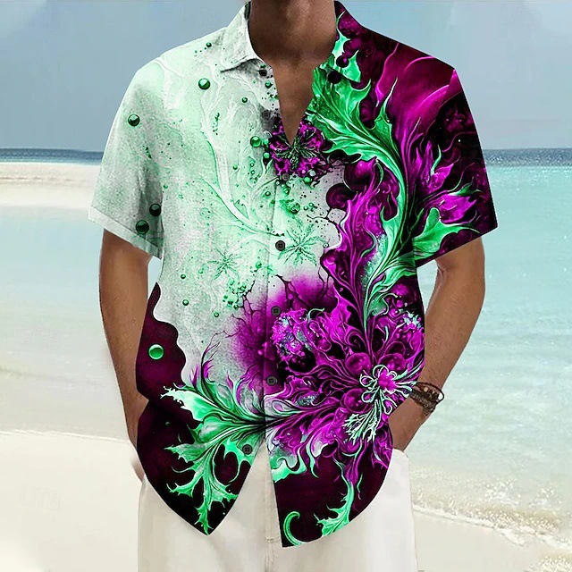 Camisa de manga corta con botones de manga corta de hombro suelto ancho de verano para hombre con estampado 3D tallado en metal floral colorido