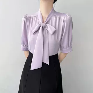 2026年新款蝴蝶结飘带短袖衬衫女夏季职业通勤时尚气质上衣衬衫