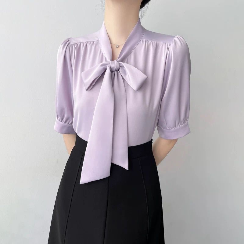 2026 New Bow Tie Ribbon Short Sleeve Shirt for Women, Summer Professional Commuting Fashionable Elegant Top Shirt 2026 New Bow Tie Ribbon Short Sleeve Shirt for Women, Summer Professional Commuting Fashionable Elegant Top Shirt