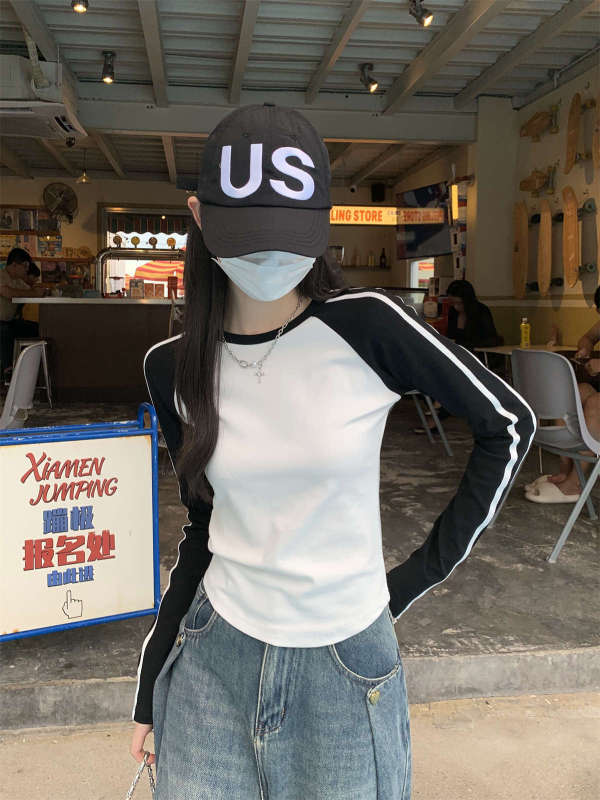 美式复古创意独特修身显瘦插肩圆领拼色短款长袖女秋季减龄洋气潮|undefined